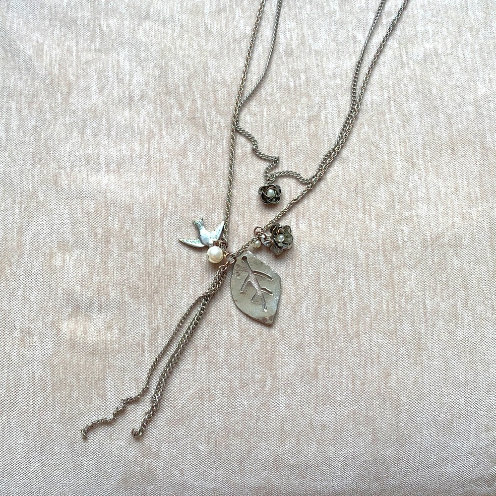 Layered Necklace - Dove, Flowers and Leaf